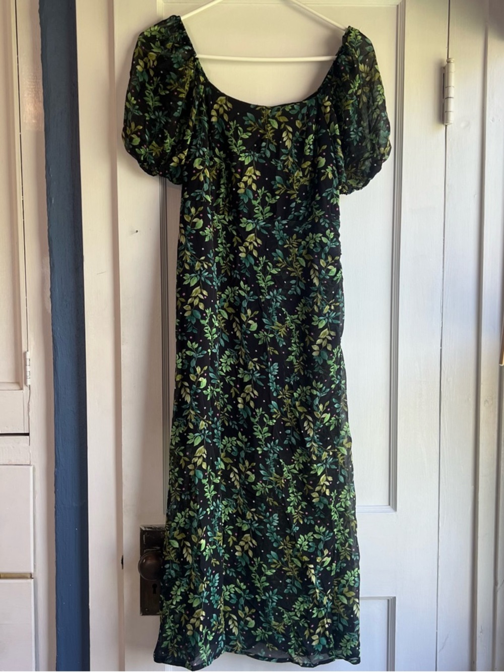 miami Black Maxi Dress with Green Leaf Print